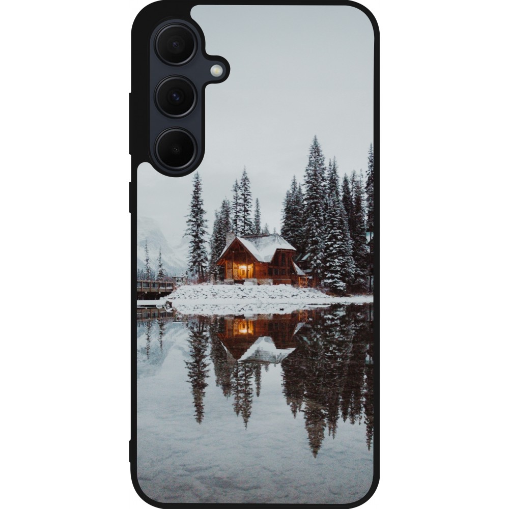 Coque Samsung Galaxy A55 5G - Silicone rigide noir Winter 25 Winter house forest afternoon