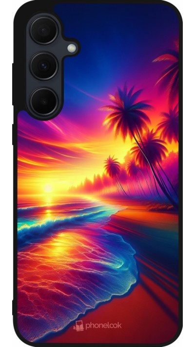 Coque Samsung Galaxy A56 - Silicone rigide noir Plage coucher soleil flashy
