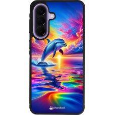 Coque Samsung Galaxy A57 5G - Silicone rigide noir Dauphin arc-en-ciel heureux