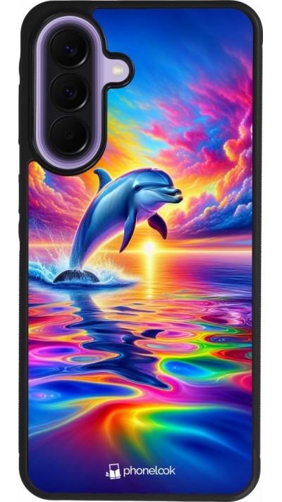 Coque Samsung Galaxy A57 5G - Silicone rigide noir Dauphin arc-en-ciel heureux