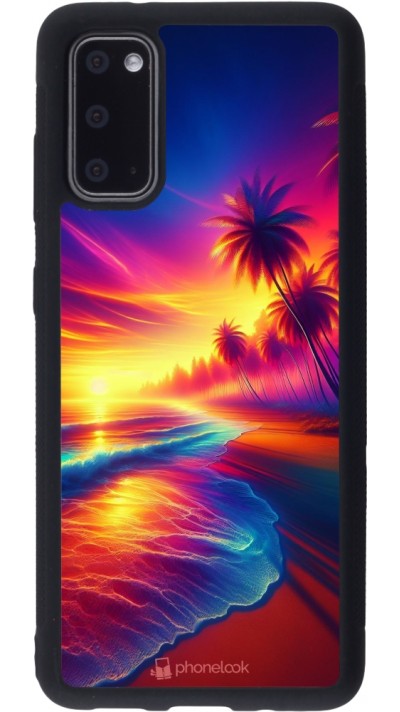 Coque Samsung Galaxy S20 - Silicone rigide noir Plage coucher soleil flashy