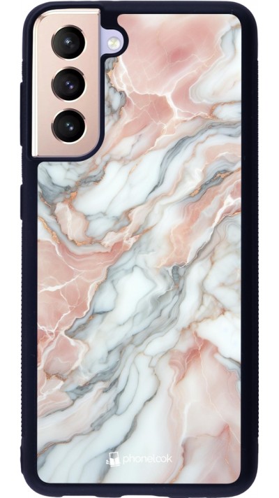 Coque Samsung Galaxy S21 5G - Silicone rigide noir Marbre Rose Lumineux