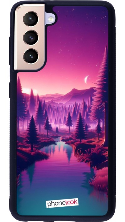 Coque Samsung Galaxy S21 5G - Silicone rigide noir Paysage Violet-Rose