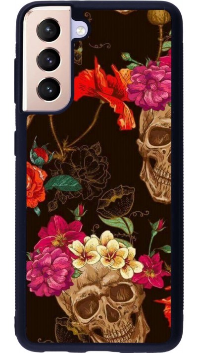 Coque Samsung Galaxy S21 5G - Silicone rigide noir Skulls and flowers