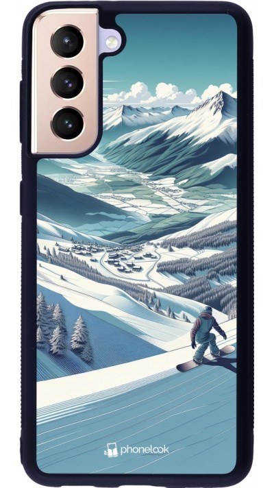 Coque Samsung Galaxy S21 5G - Silicone rigide noir Snowboarder Montagne