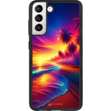 Coque Samsung Galaxy S21 FE 5G - Silicone rigide noir Plage coucher soleil flashy