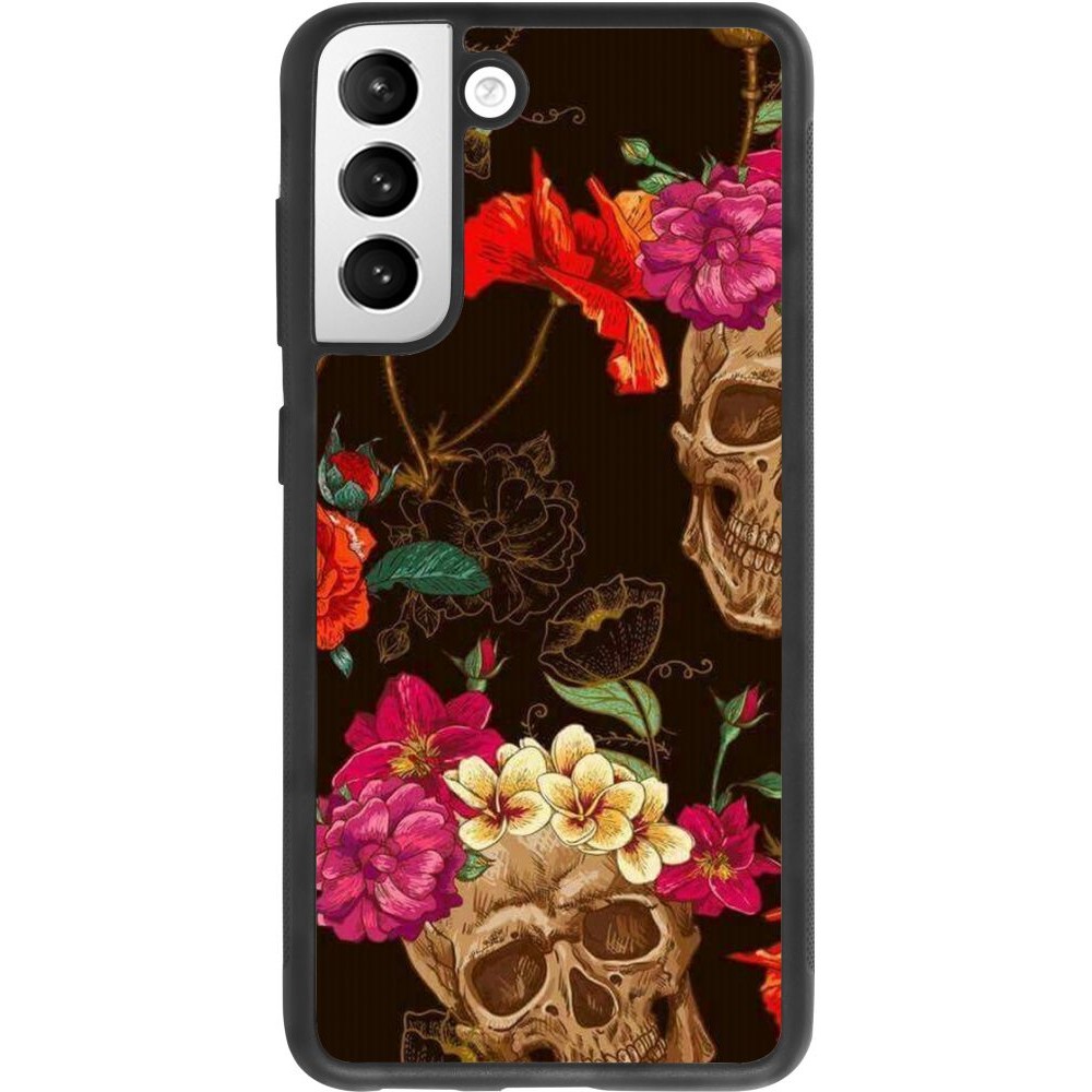 Coque Samsung Galaxy S21 FE 5G - Silicone rigide noir Skulls and flowers