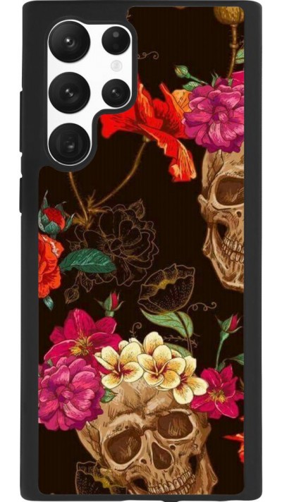 Coque Samsung Galaxy S22 Ultra - Silicone rigide noir Skulls and flowers