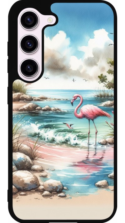 Coque Samsung Galaxy S23 - Silicone rigide noir Flamant rose aquarelle