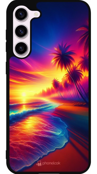 Coque Samsung Galaxy S23+ - Silicone rigide noir Plage coucher soleil flashy Coque Samsung Galaxy S23+ - Silicone rigide noir Plage coucher soleil flashy
