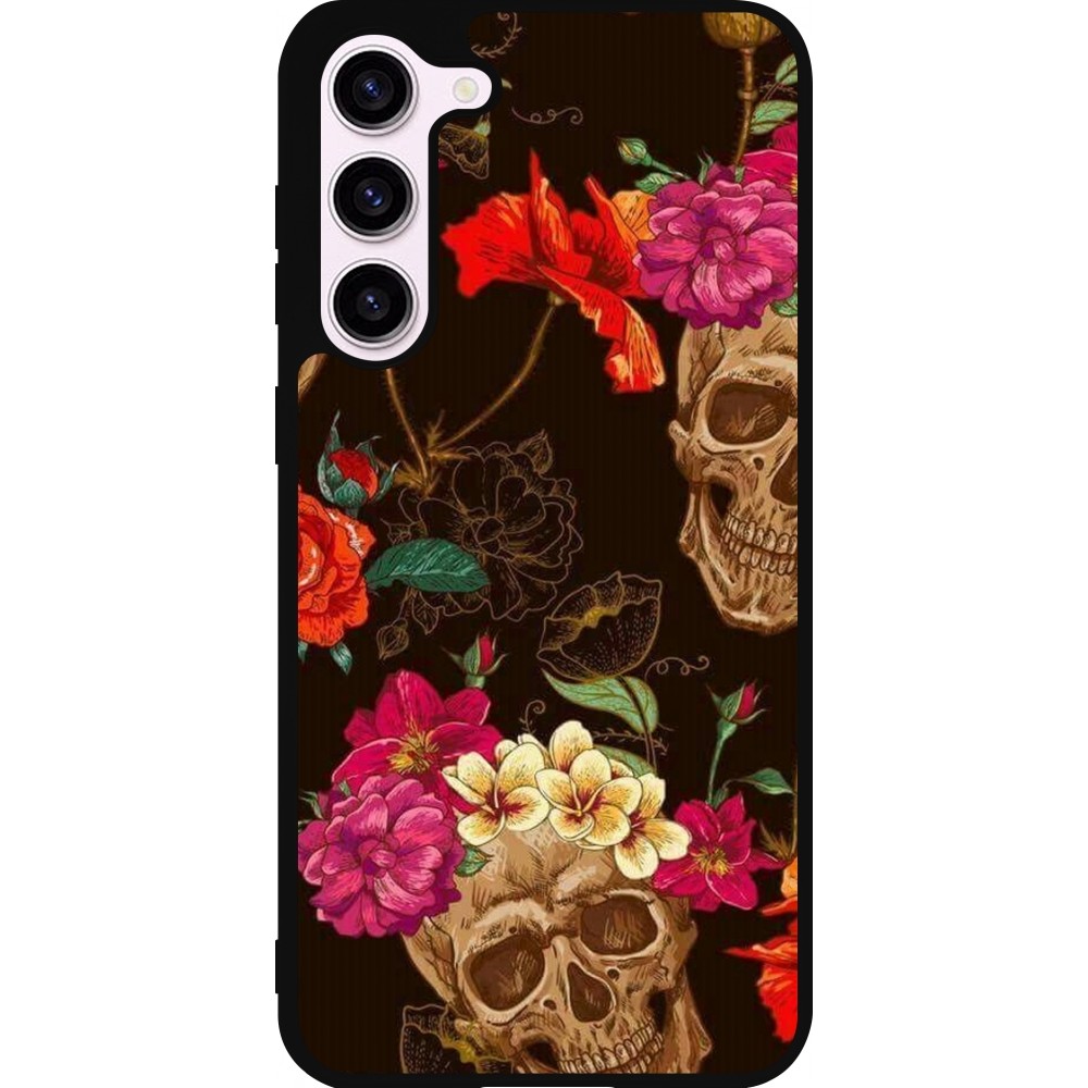 Coque Samsung Galaxy S23+ - Silicone rigide noir Skulls and flowers