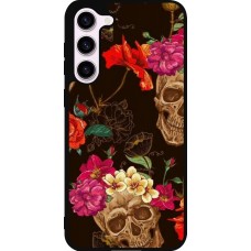 Coque Samsung Galaxy S23+ - Silicone rigide noir Skulls and flowers
