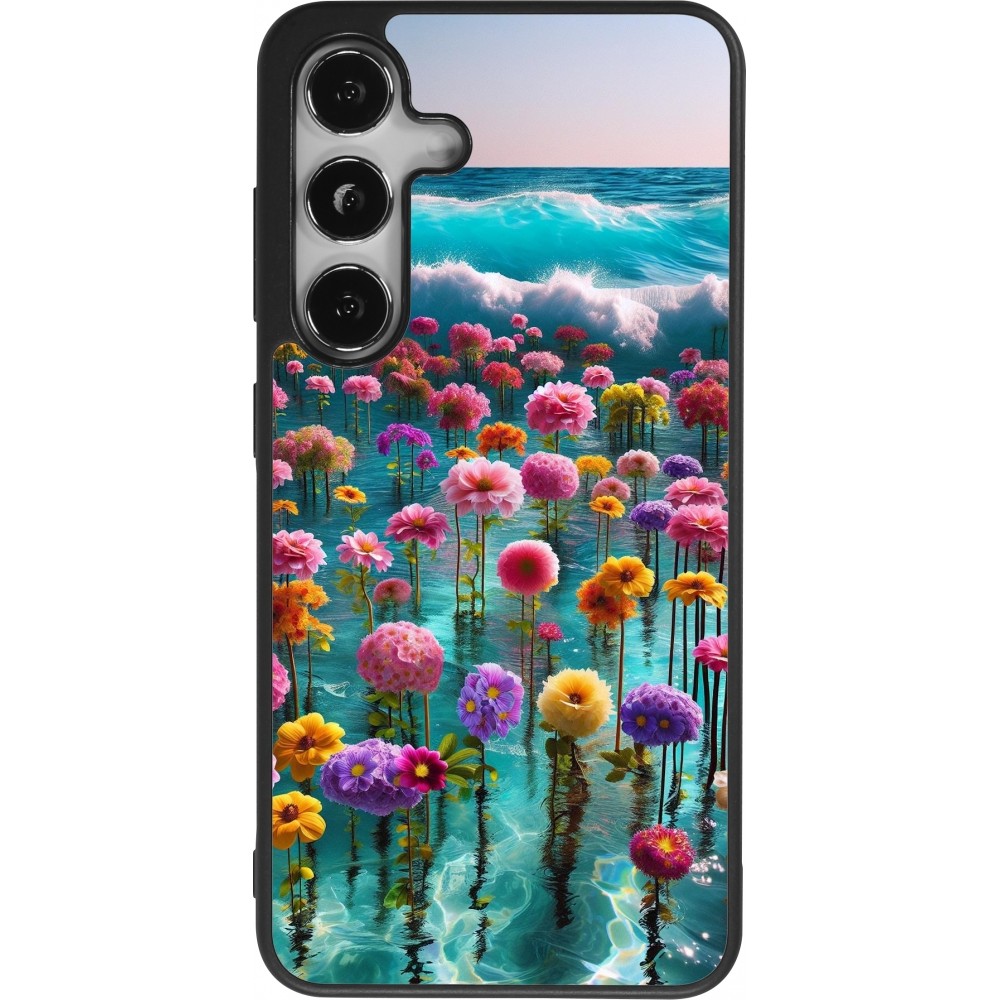 Coque Samsung Galaxy S24 - Silicone rigide noir Flower sea waves