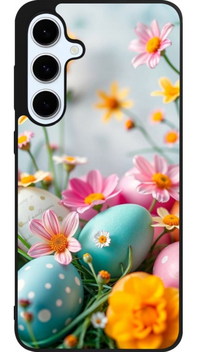 Coque Samsung Galaxy S24 FE - Silicone rigide noir Easter 2026 Eggs with flowers