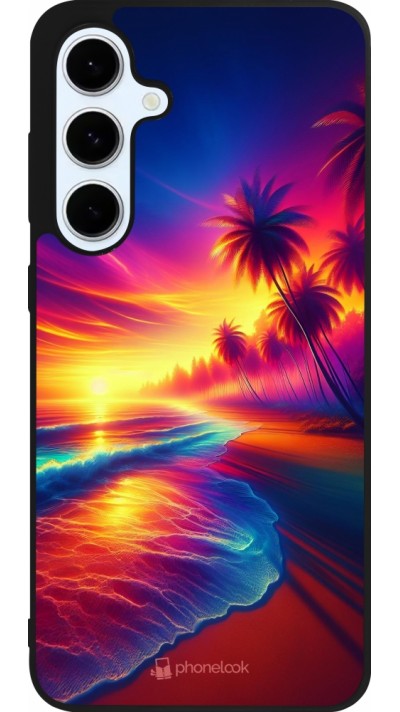 Coque Samsung Galaxy S24 FE - Silicone rigide noir Plage coucher soleil flashy Coque Samsung Galaxy S24 FE - Silicone rigide noir Plage coucher soleil flashy