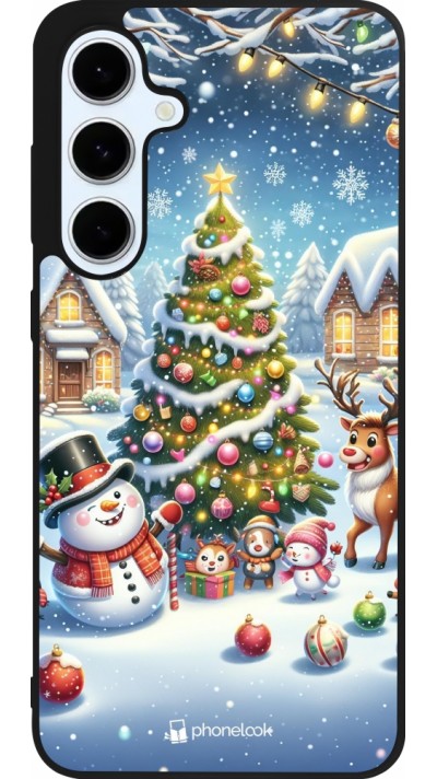 Coque Samsung Galaxy S24 FE - Silicone rigide noir Noël 2023 bonhomme de neige et sapin