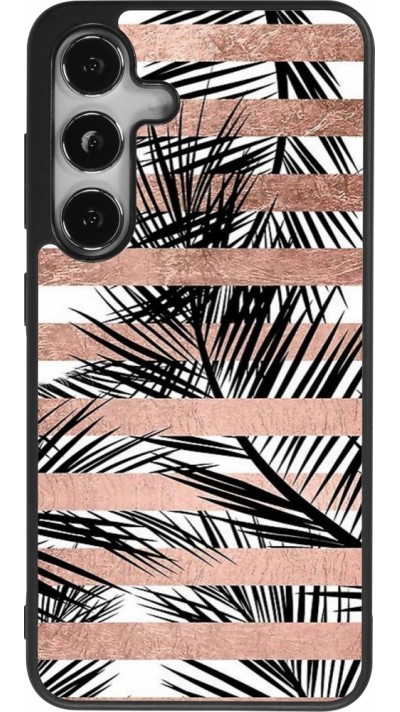 Coque Samsung Galaxy S25 - Silicone rigide noir Palm trees gold stripes