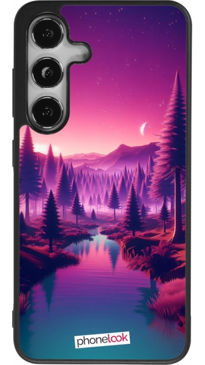 Coque Samsung Galaxy S25 - Silicone rigide noir Paysage Violet-Rose