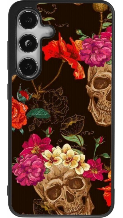 Coque Samsung Galaxy S25 - Silicone rigide noir Skulls and flowers