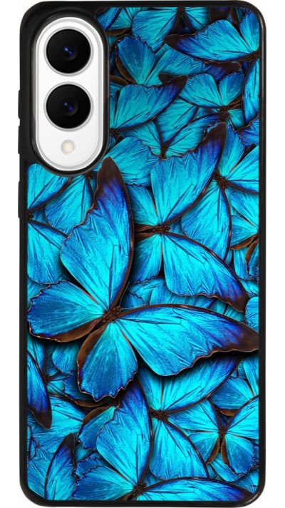 Coque Samsung Galaxy S25 Edge - Silicone rigide noir Papillon bleu Coque Samsung Galaxy S25 Edge - Silicone rigide noir Papillon bleu