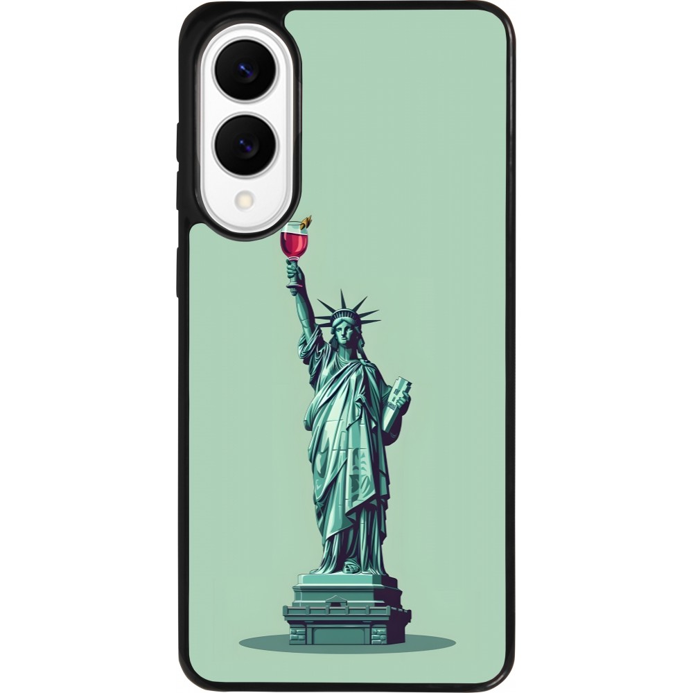 Coque Samsung Galaxy S25 Edge - Silicone rigide noir Wine Statue de la liberté avec un verre de vin