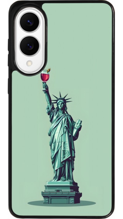 Coque Samsung Galaxy S25 Edge - Silicone rigide noir Wine Statue de la liberté avec un verre de vin Coque Samsung Galaxy S25 Edge - Silicone rigide noir Wine Statue de la liberté avec un verre de vin