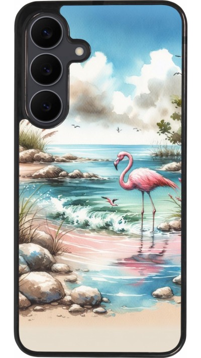 Coque Samsung Galaxy S25 FE - Silicone rigide noir Flamant rose aquarelle