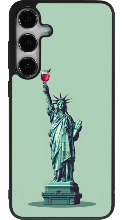 Coque Samsung Galaxy S25+ - Silicone rigide noir Wine Statue de la liberté avec un verre de vin
