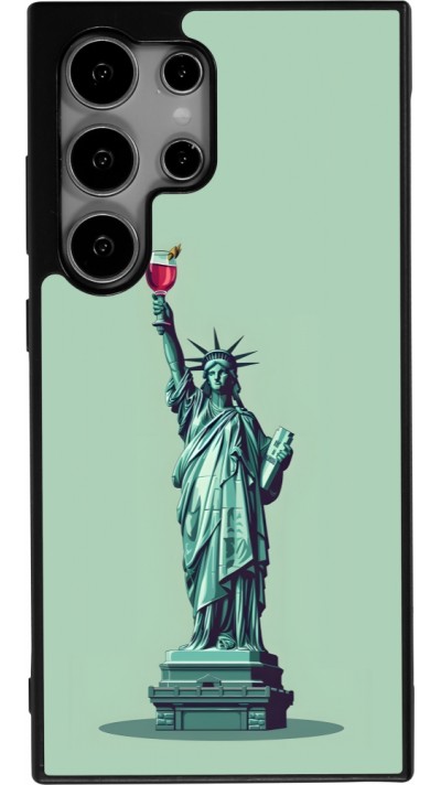 Coque Samsung Galaxy S25 Ultra - Silicone rigide noir Wine Statue de la liberté avec un verre de vin