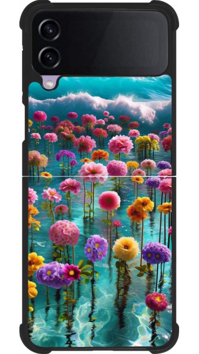 Coque Samsung Galaxy Z Flip4 - Silicone rigide noir Flower sea waves