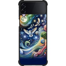 Coque Samsung Galaxy Z Flip4 - Silicone rigide noir hibou volant floral