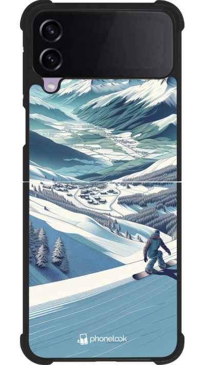 Coque Samsung Galaxy Z Flip4 - Silicone rigide noir Snowboarder Montagne