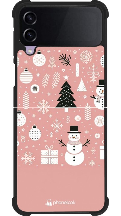 Coque Samsung Galaxy Z Flip4 - Silicone rigide noir Noël 2024 Rose Snowman Christmas