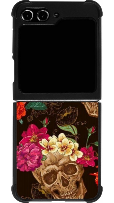 Coque Samsung Galaxy Z Flip5 - Silicone rigide noir Skulls and flowers