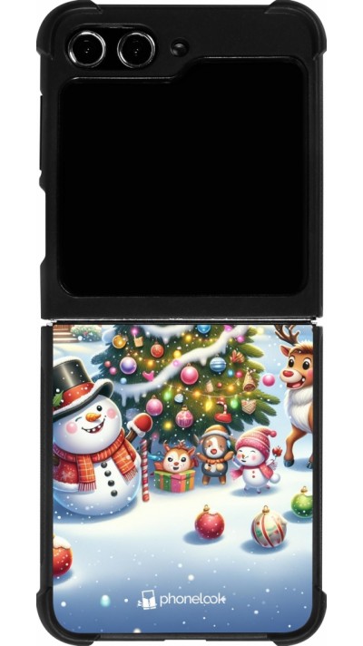 Coque Samsung Galaxy Z Flip5 - Silicone rigide noir Noël 2023 bonhomme de neige et sapin