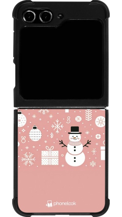 Coque Samsung Galaxy Z Flip5 - Silicone rigide noir Noël 2024 Rose Snowman Christmas