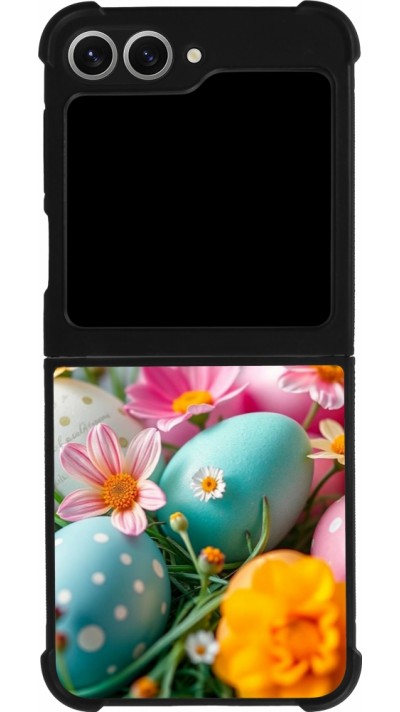 Coque Samsung Galaxy Z Flip6 - Silicone rigide noir Easter 2026 Eggs with flowers