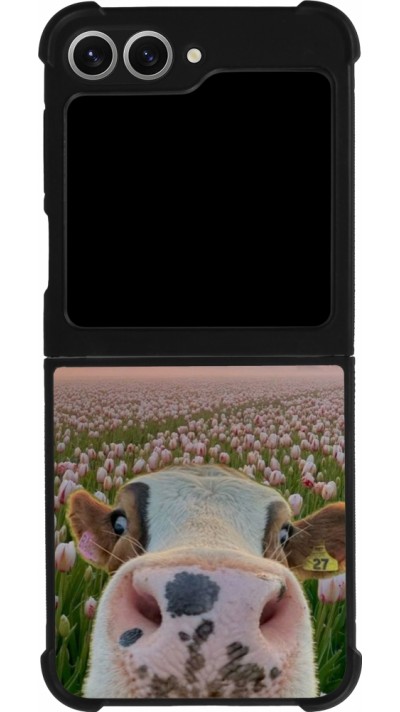 Coque Samsung Galaxy Z Flip6 - Silicone rigide noir Cow with tulips Spring 2026