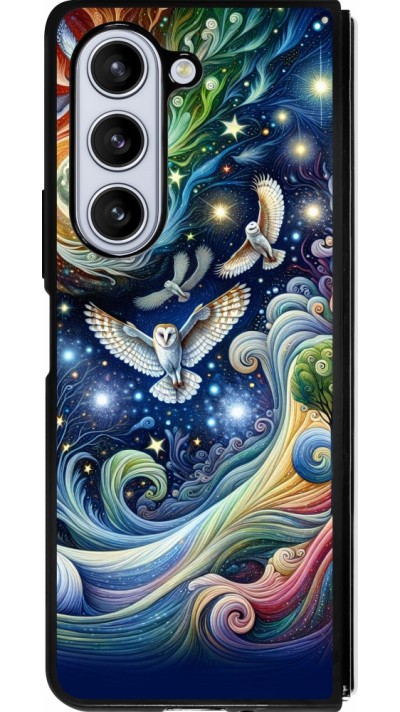 Coque Samsung Galaxy Z Fold5 - Silicone rigide noir hibou volant floral