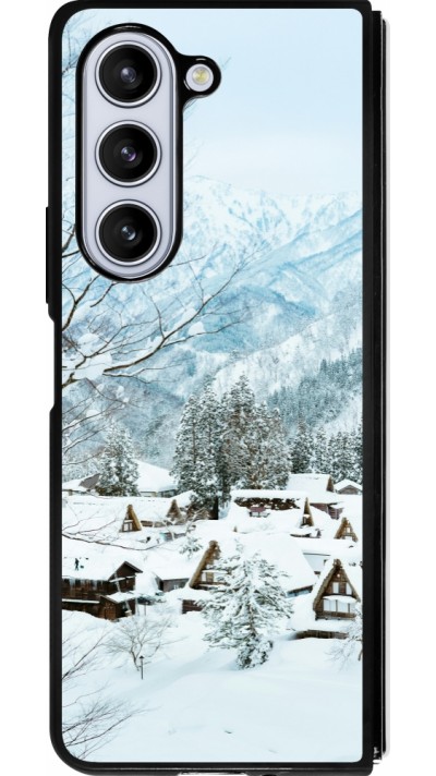 Coque Samsung Galaxy Z Fold5 - Silicone rigide noir Winter 25 Winter snowy landscape
