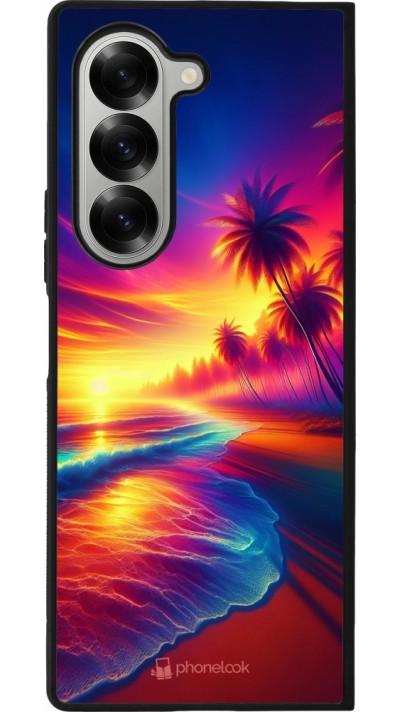Coque Samsung Galaxy Z Fold6 - Silicone rigide noir Plage coucher soleil flashy