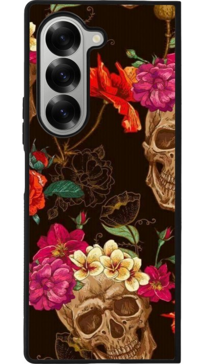Coque Samsung Galaxy Z Fold6 - Silicone rigide noir Skulls and flowers