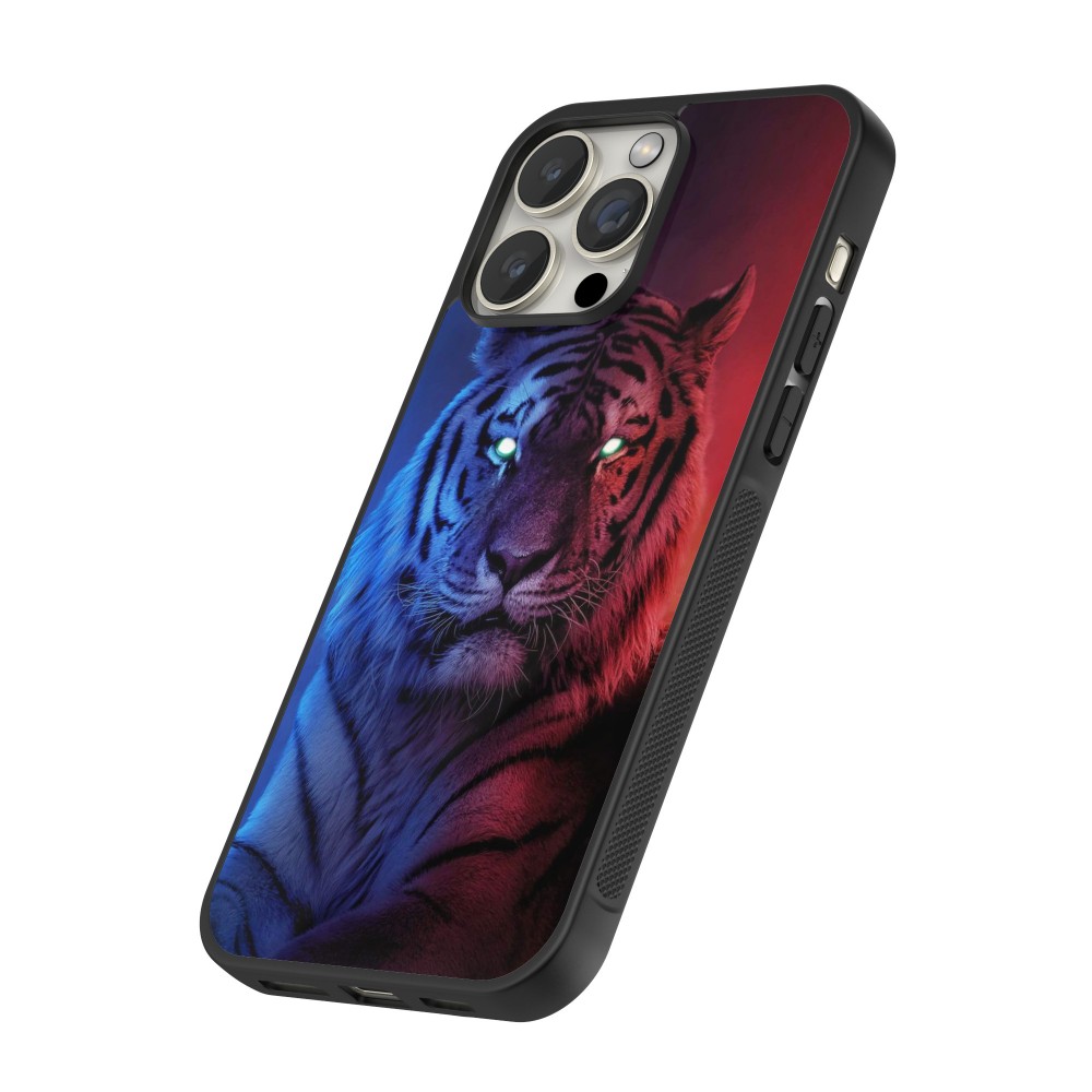 Coque iPhone 16 Pro Max - Silicone rigide noir Tiger Blue Red