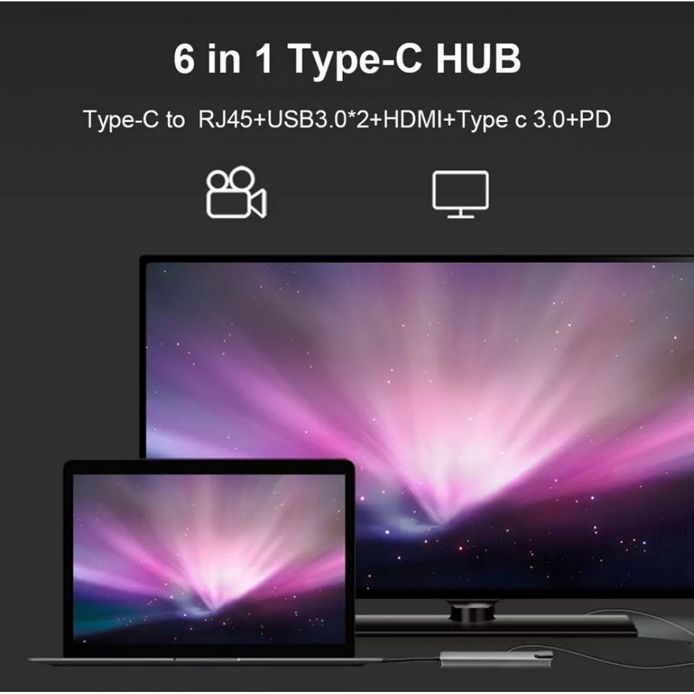 Hub USB-C 6 en 1 multi-ports Hub Docking Station MacBook Ethernet + HDMI + USB-C - Gris