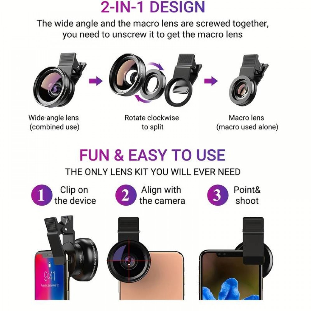 APEXEL Smartphone Kamera Objektiv Aufsatz 2 in 1 Ultra Weitwinkel 0.45x Objektiv & Super Makro Linse