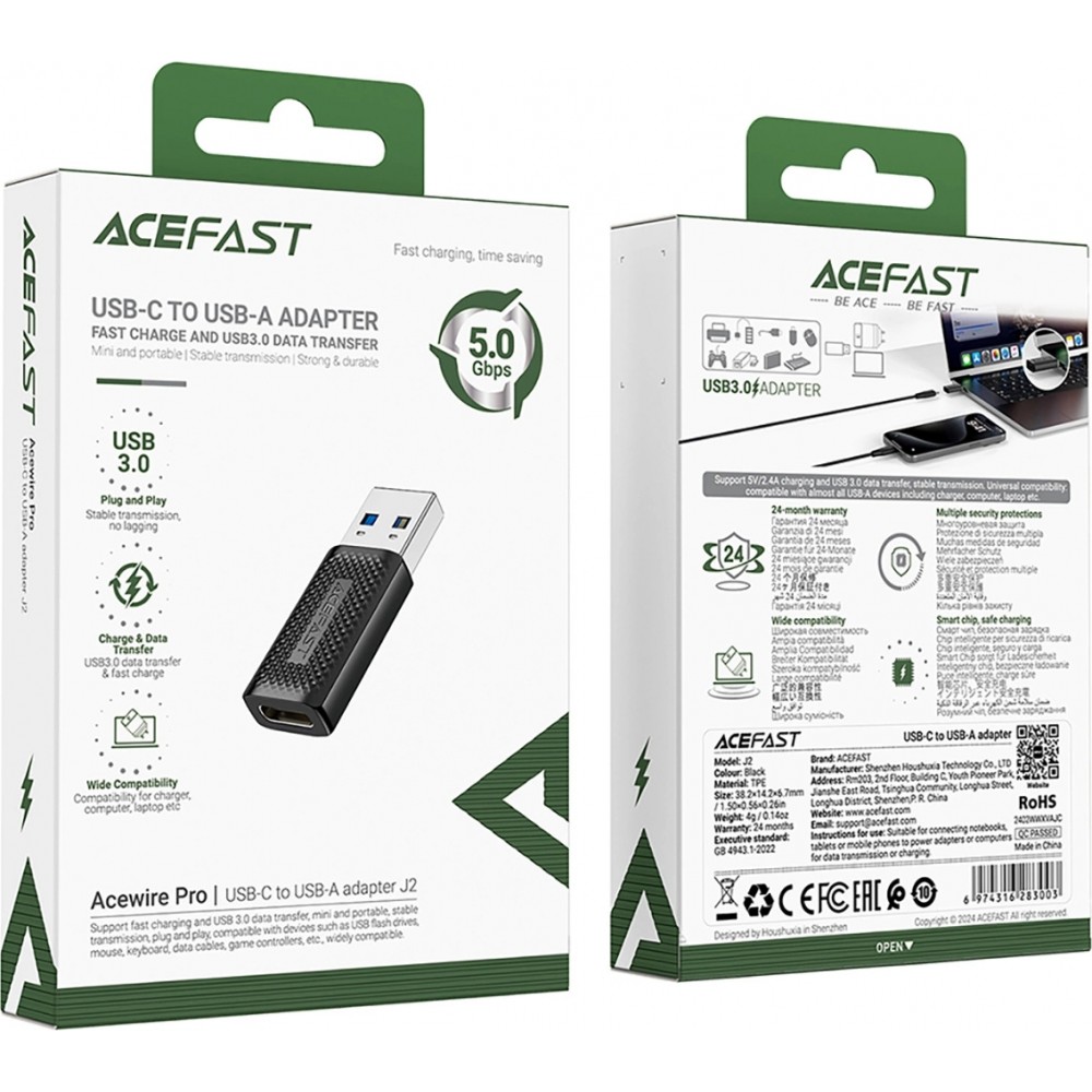 Acefast J2 - USB-C 3.0 (weiblich) auf USB-A 3.0 (männlich) Adapter 5Gb/s - Schwarz