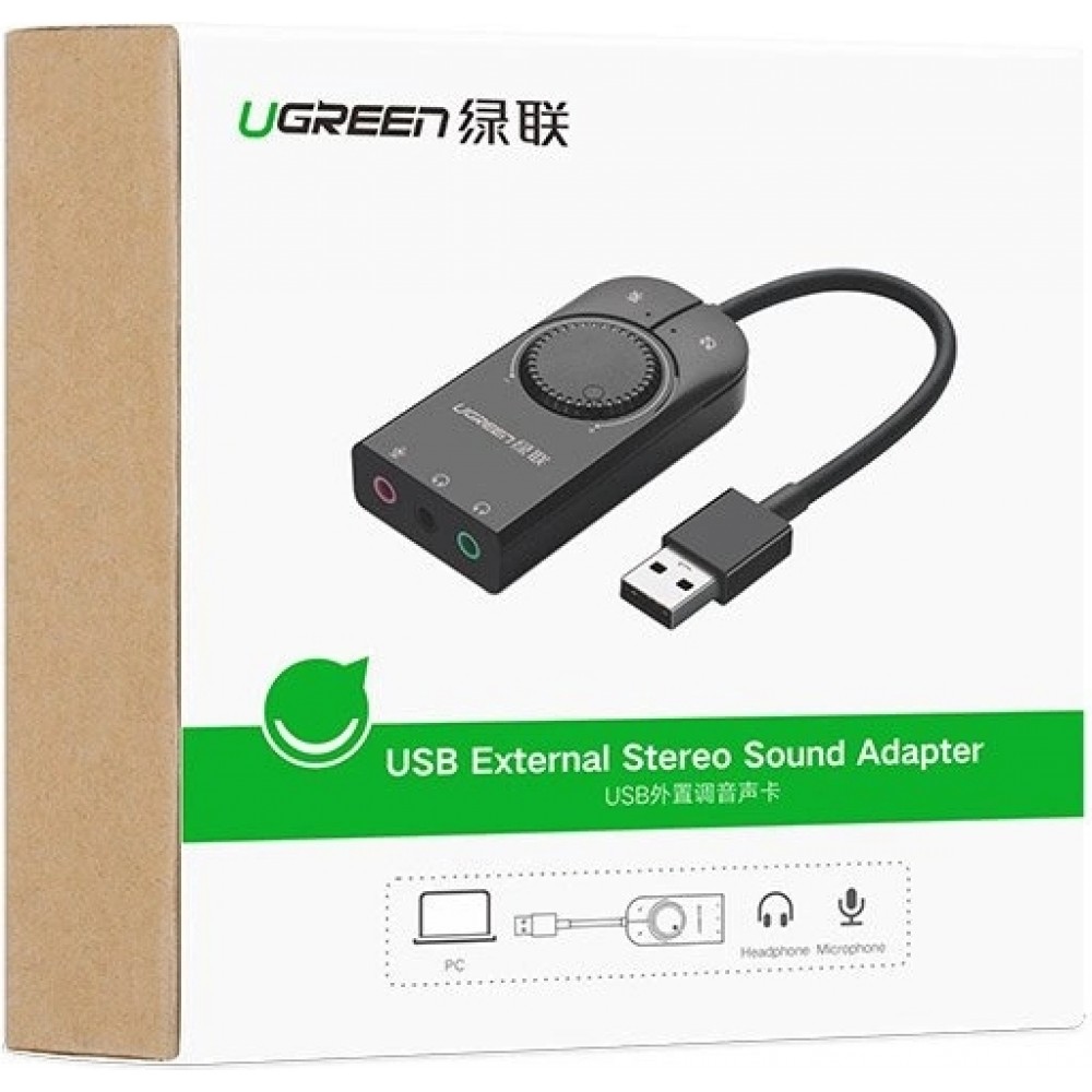 Ugreen externe Soundkarte Musikadapter USB 3.5 mm Mini Klinke mit Lautstärkeregler 15 cm - Schwarz