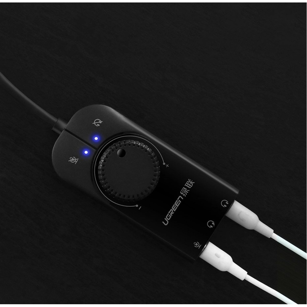 Ugreen externe Soundkarte Musikadapter USB 3.5 mm Mini Klinke mit Lautstärkeregler 15 cm - Schwarz