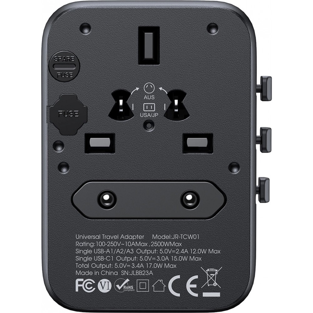 Adaptateur de Voyage Universel 17W Joyroom JR-TCW01 CH / EU / US / UK / JP / AU / CN - Noir