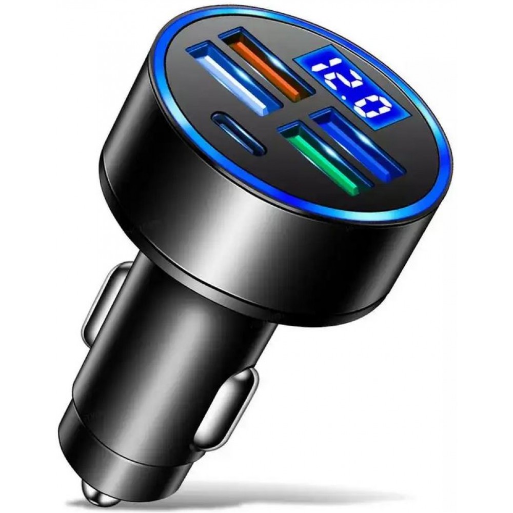 Adaptateur de charge 15W allume-cigare 5en1 USB & USB-C avec affichage LED QuickCharge 3.0 - Noir